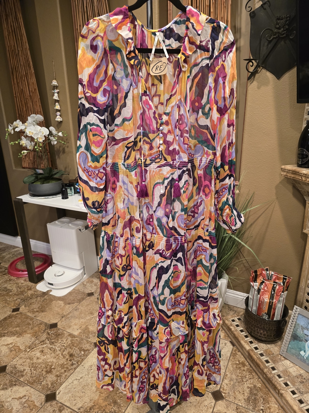 Anthropologie Marais Printed Chiffon Tiered Maxi Dress in Pink, Yellow & Purple